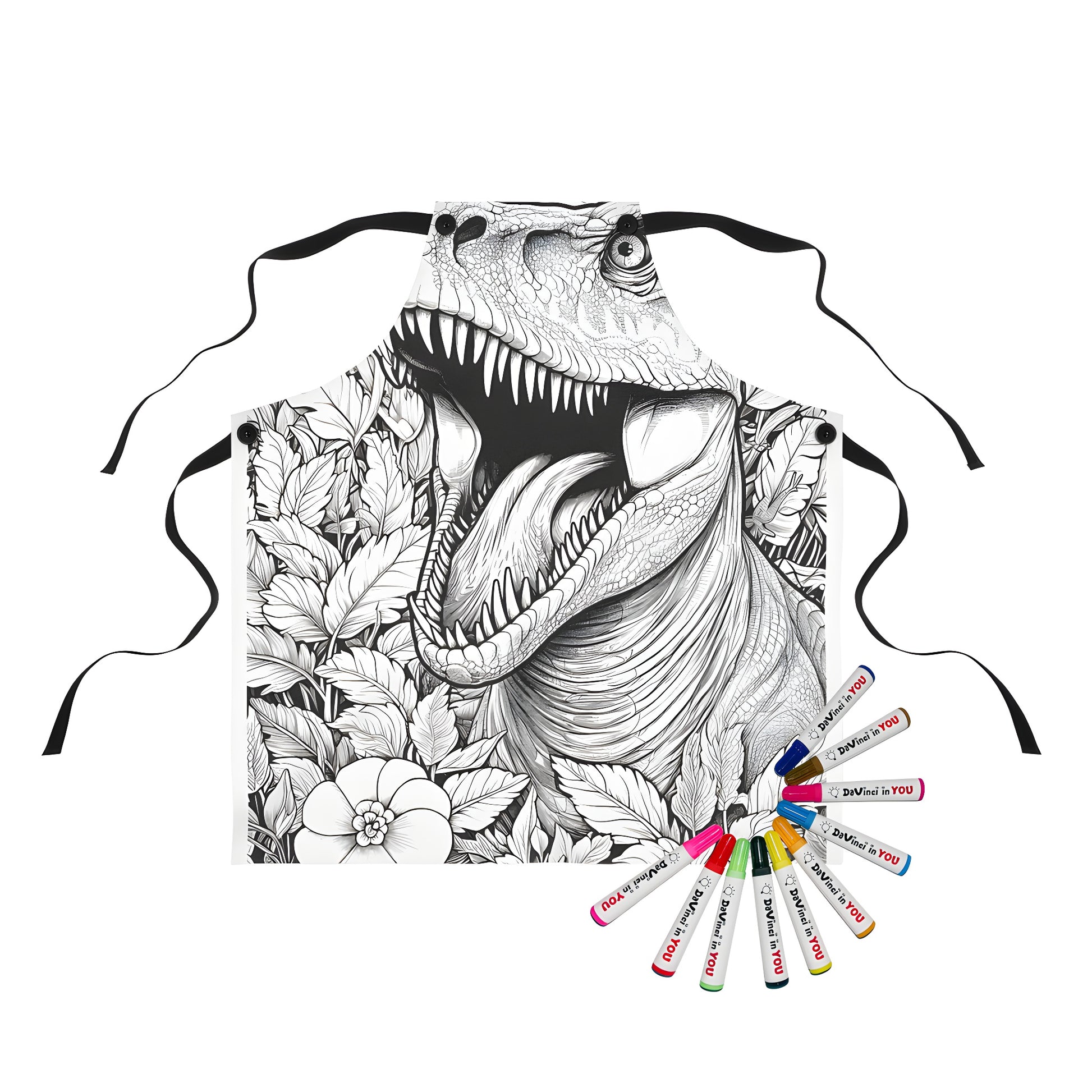 Colorful Apron with detailed dinosaur design, surrounded by vibrant jungle foliage