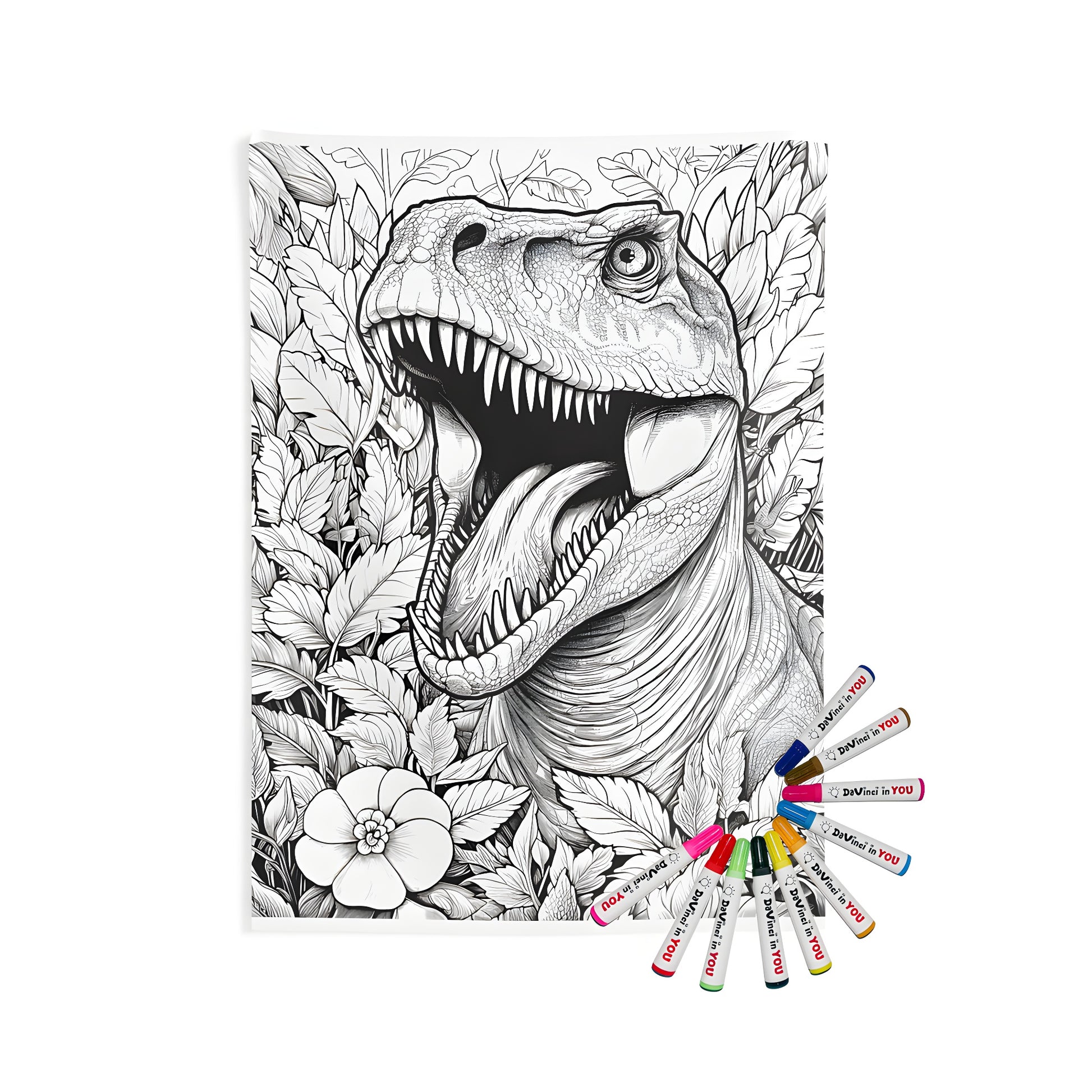 A detailed black and white drawing of a roaring Dinosaur, Apatosaurus or Longneck, Stegosaurus, Spinosaurus, or Coelophysis surrounded by jungle foliage, with sharp teeth and intricate leaves, printed on an Indoor Wall Tapestries