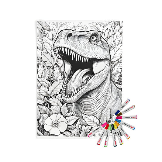 A detailed black and white drawing of a roaring Dinosaur, Apatosaurus or Longneck, Stegosaurus, Spinosaurus, or Coelophysis surrounded by jungle foliage, with sharp teeth and intricate leaves, printed on an Indoor Wall Tapestries