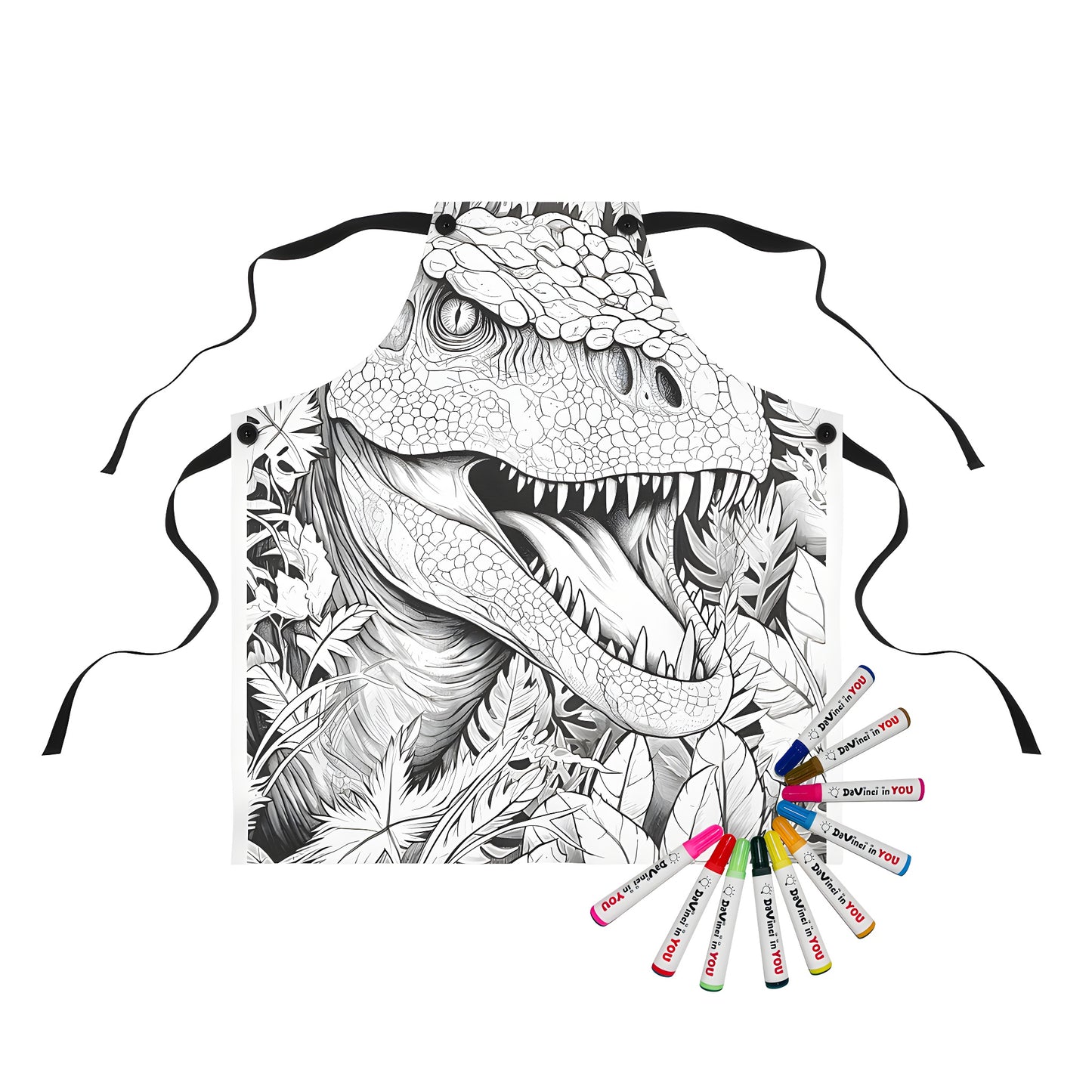 Colorful apron featuring an fun T-Rex illustration with jungle leaves design