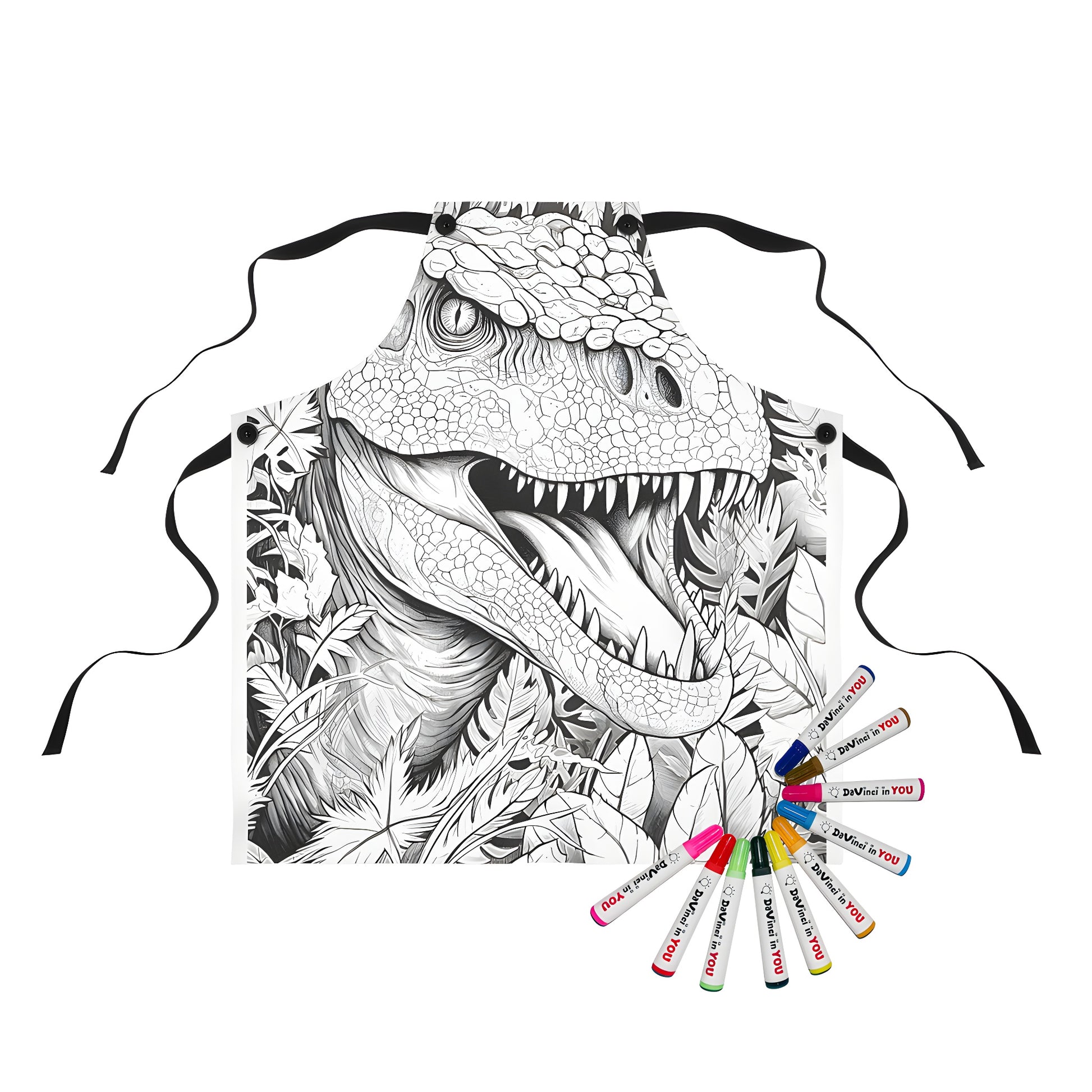 Colorful apron featuring an fun T-Rex illustration with jungle leaves design