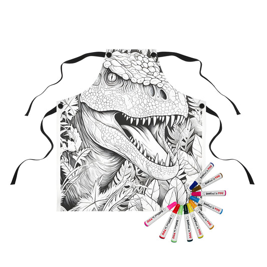 Colorful apron featuring an fun T-Rex illustration with jungle leaves design