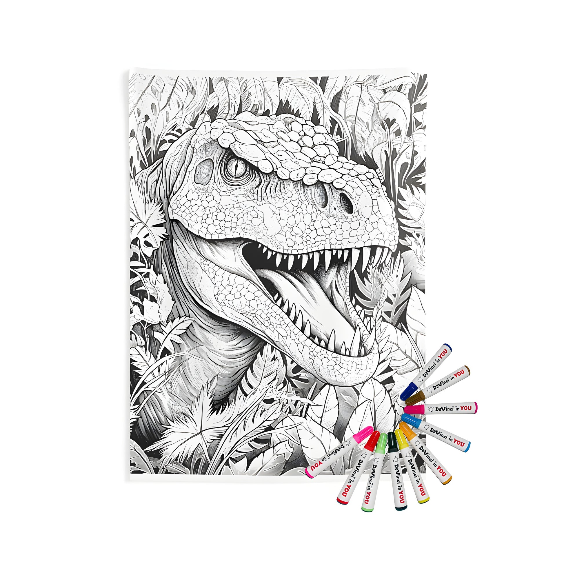 Coloring page of a dinosaur head with open mouth and jungle leaves on an indoor wall tapestry