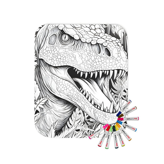 Colorful blanket featuring an artistic illustration of a T-Rex head with open mouth and jungle foliage