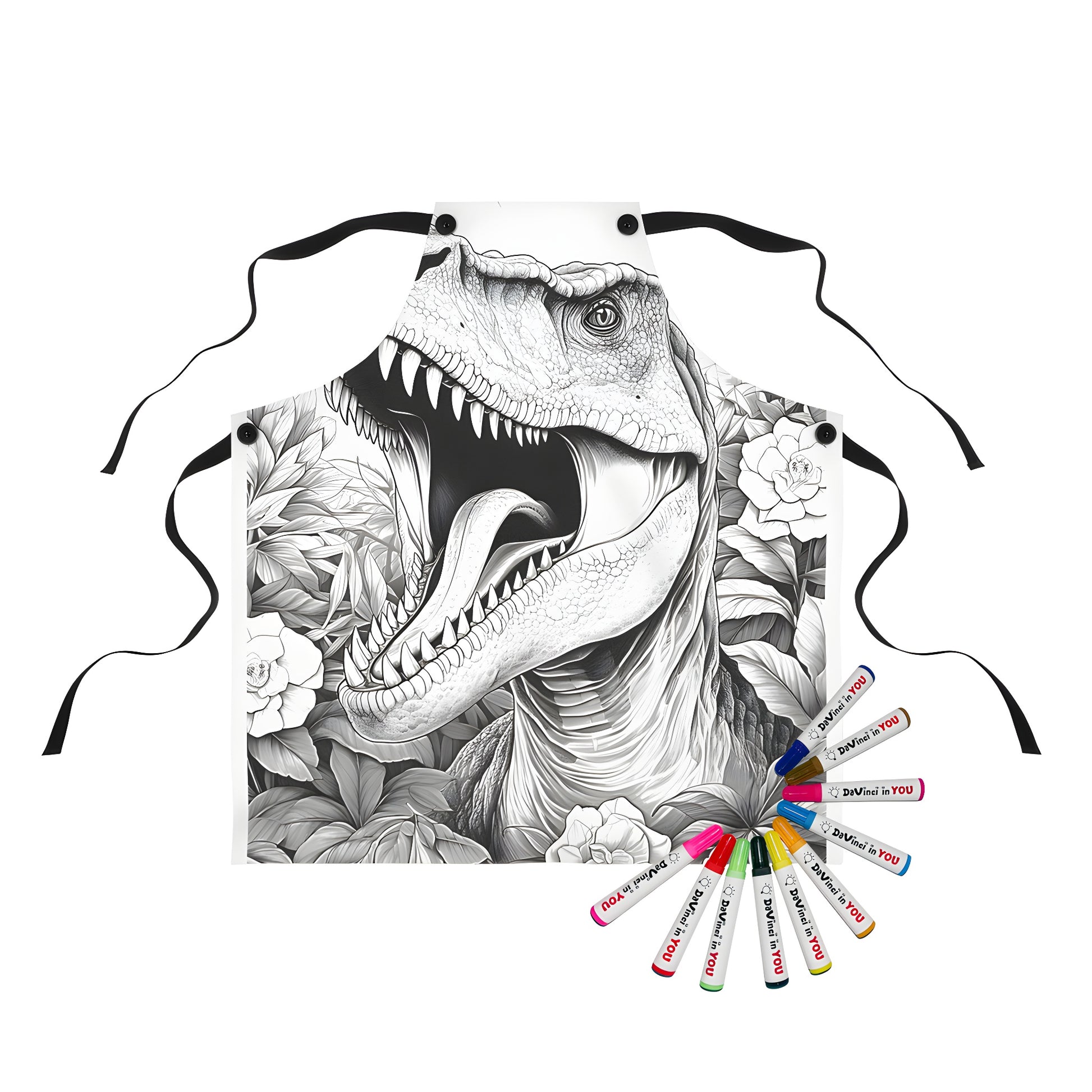 Coloring apron featuring a detailed illustration of a T-Rex, dinosaur, or prehistoric monster amidst jungle plants and flowers.