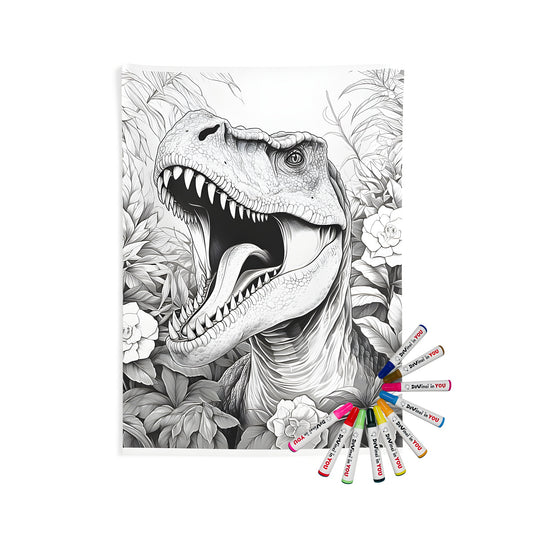 Indoor wall tapestries artwork featuring a detailed black and white illustration of a roaring dinosaur, like a T-Rex, in a jungle scene with plants and flowers