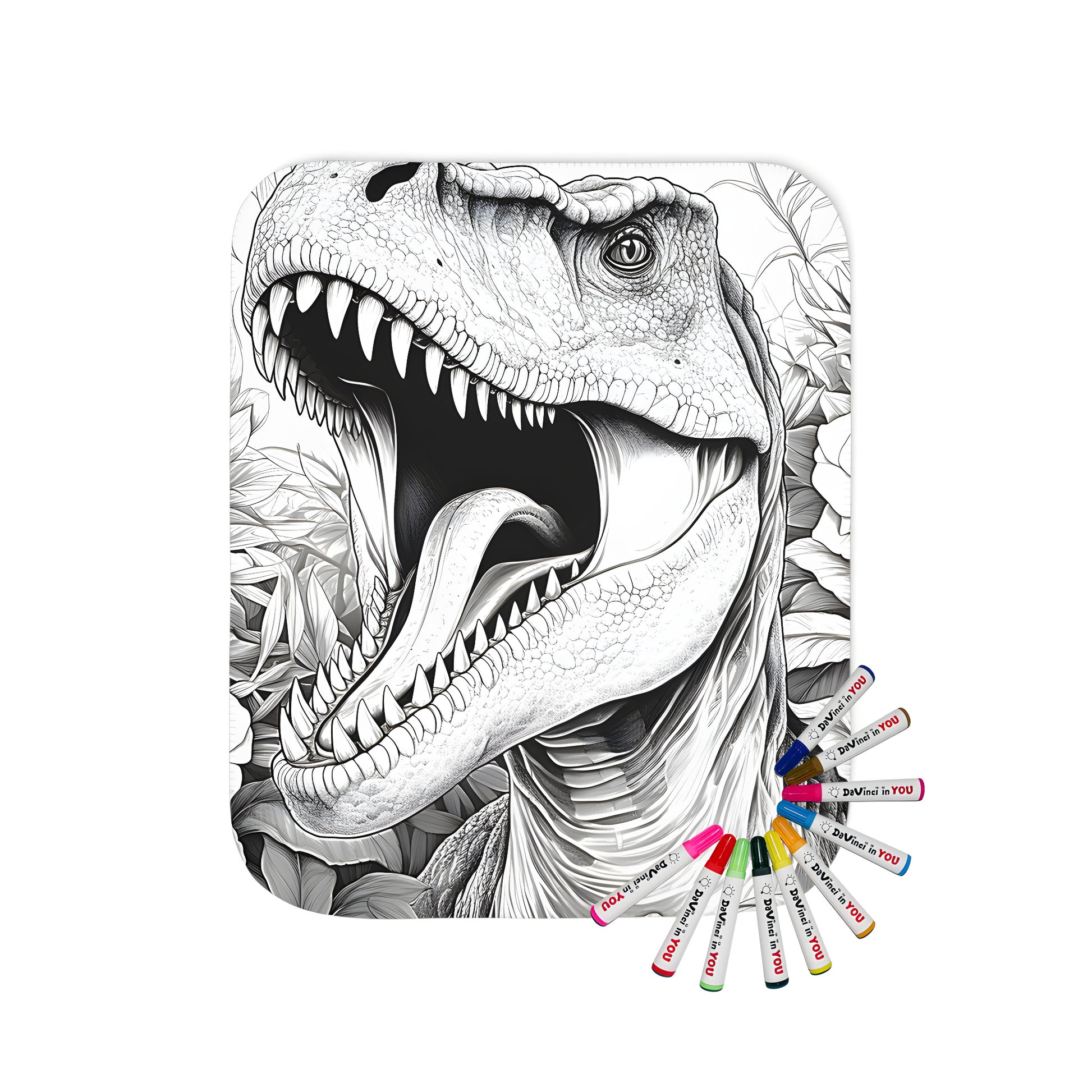 A colorful blanket featuring a dinosaur illustration, detailed black and white Tyrannosaurus, Velociraptor, Stegosaurus, or Dinosaur design amidst greenery