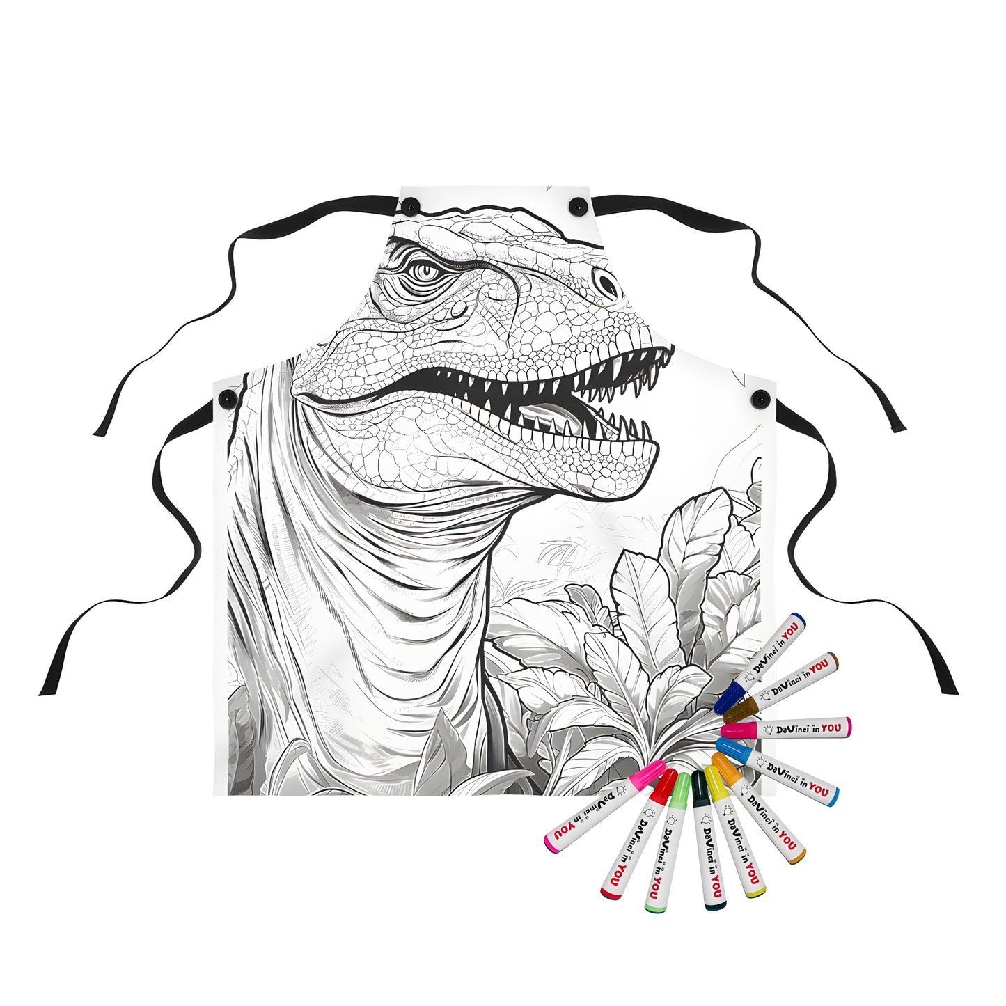 Coloring apron featuring a prehistoric Tyrannosaurus dinosaur surrounded by greenery for kids and adults alike