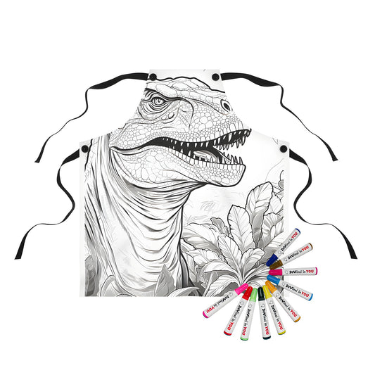 Coloring apron featuring a prehistoric Tyrannosaurus dinosaur surrounded by greenery for kids and adults alike