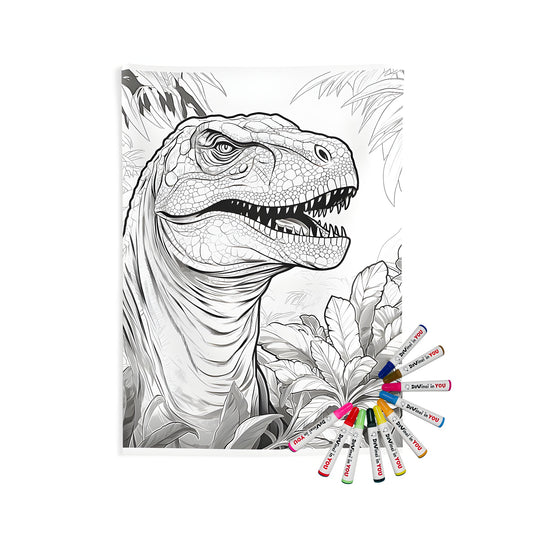 Detailed black and white illustration of a ferocious dinosaur surrounded by jungle plants, perfect for coloring on indoor wall tapestries