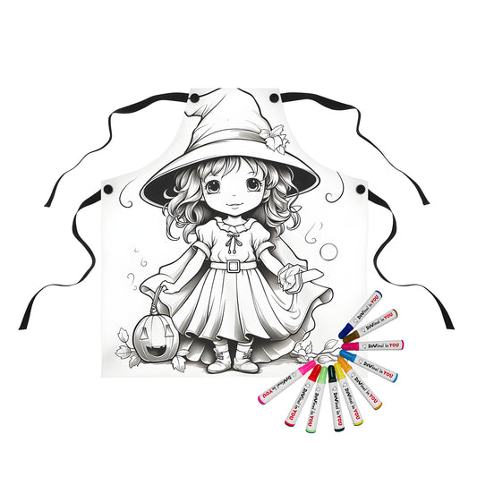 Apron with cute girl in witch costume design, features pumpkin and leaves