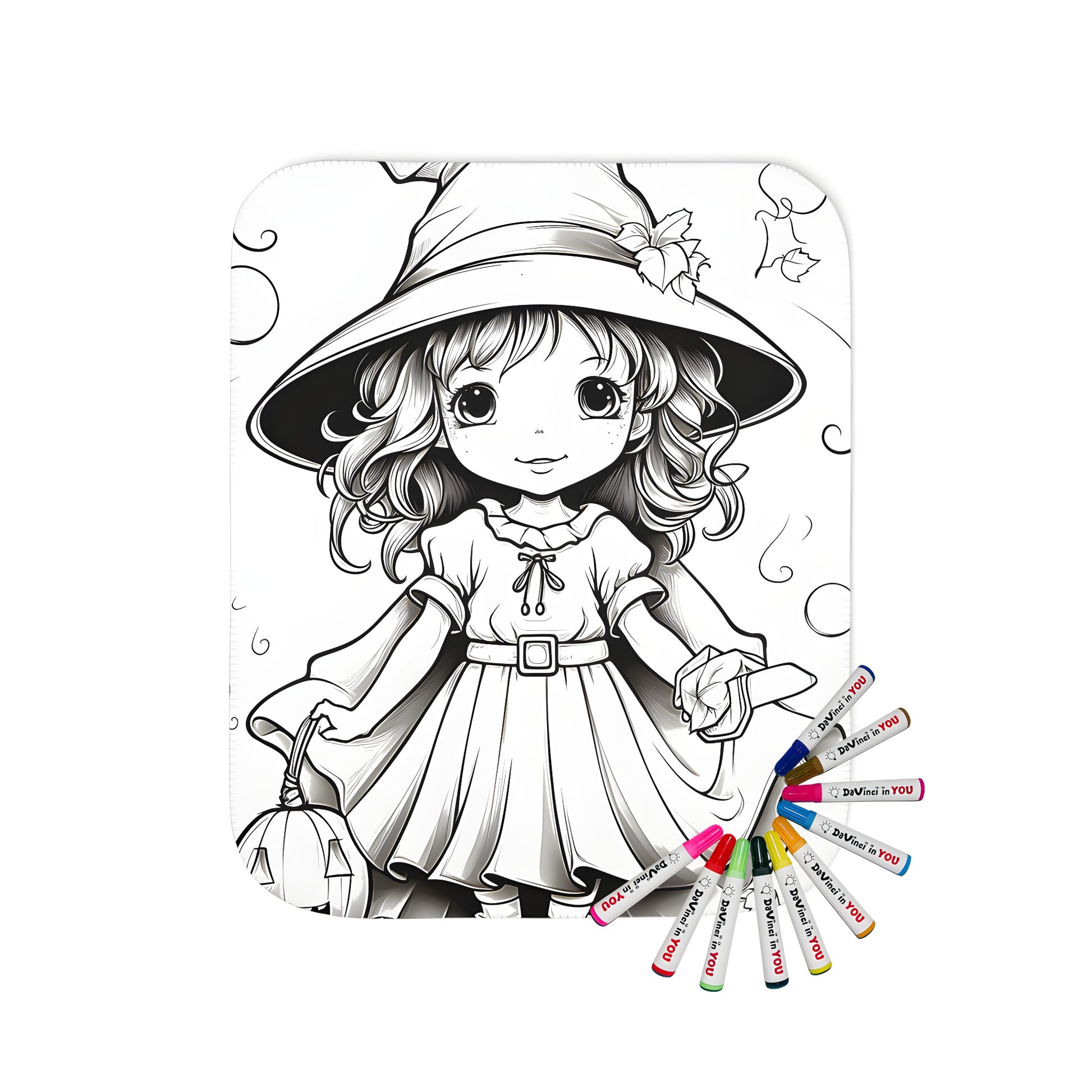 Coloring blanket featuring cute witch girl costume design