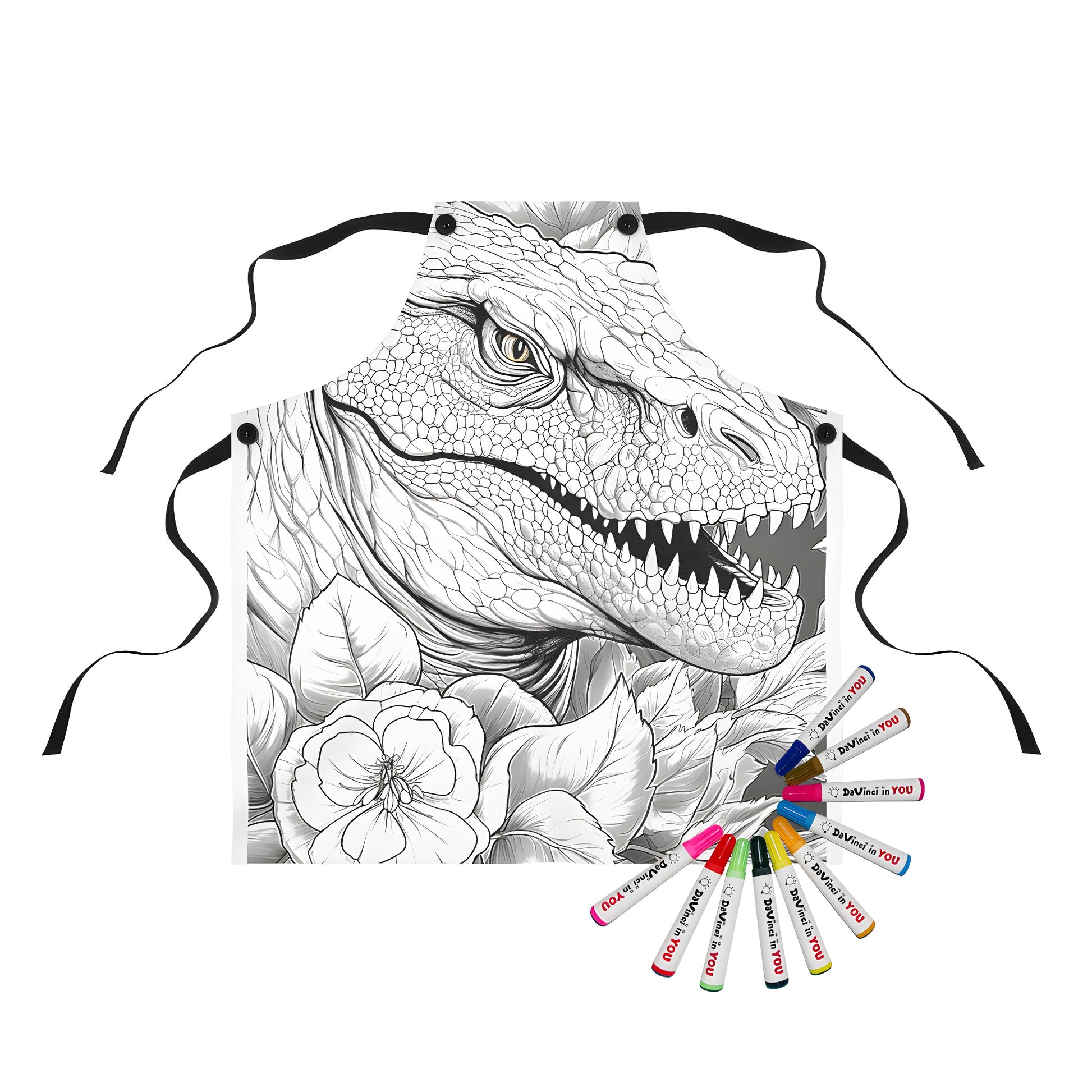 Colorful Tyrannosaurus Rex and Floral Design Artwork on an Apron