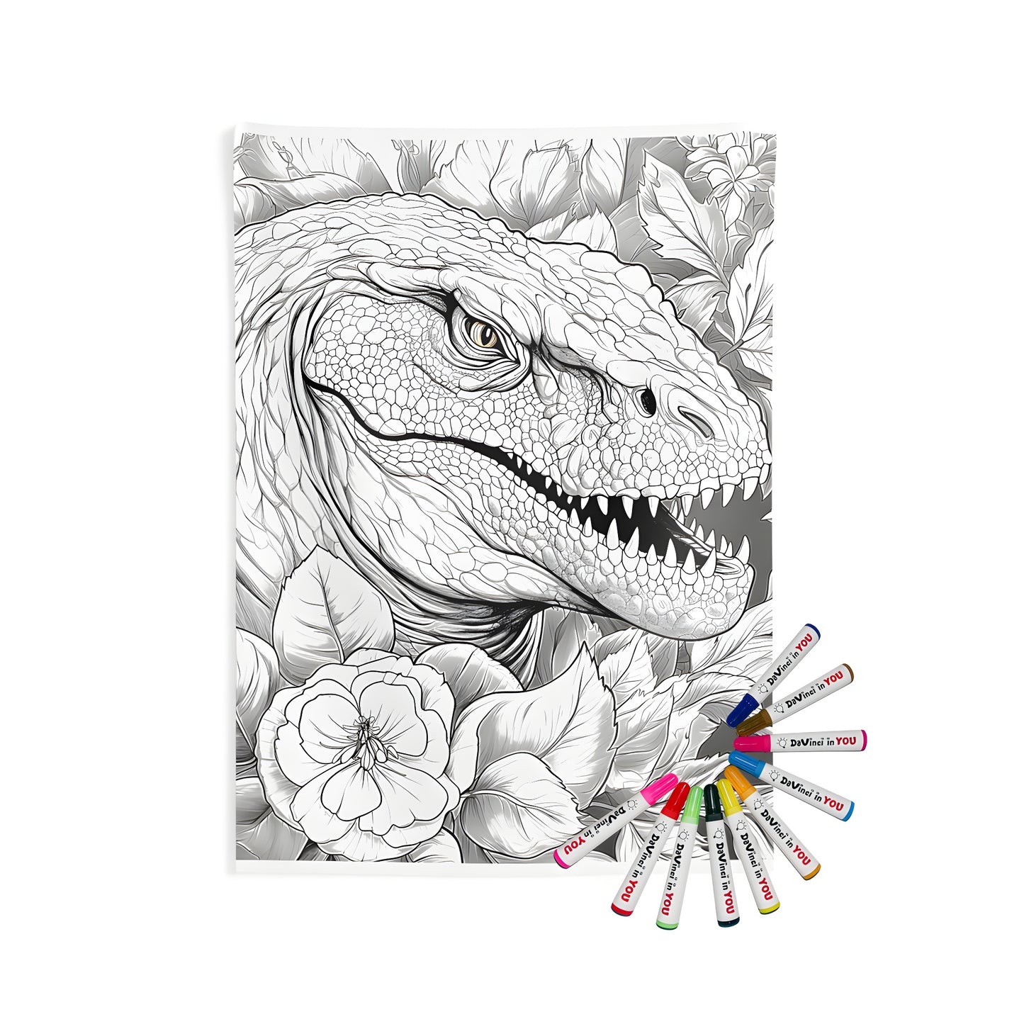 Colorful indoor wall tapestry featuring a detailed illustration of a T-Rex face surrounded by vibrant flowers, leaves, and foliage