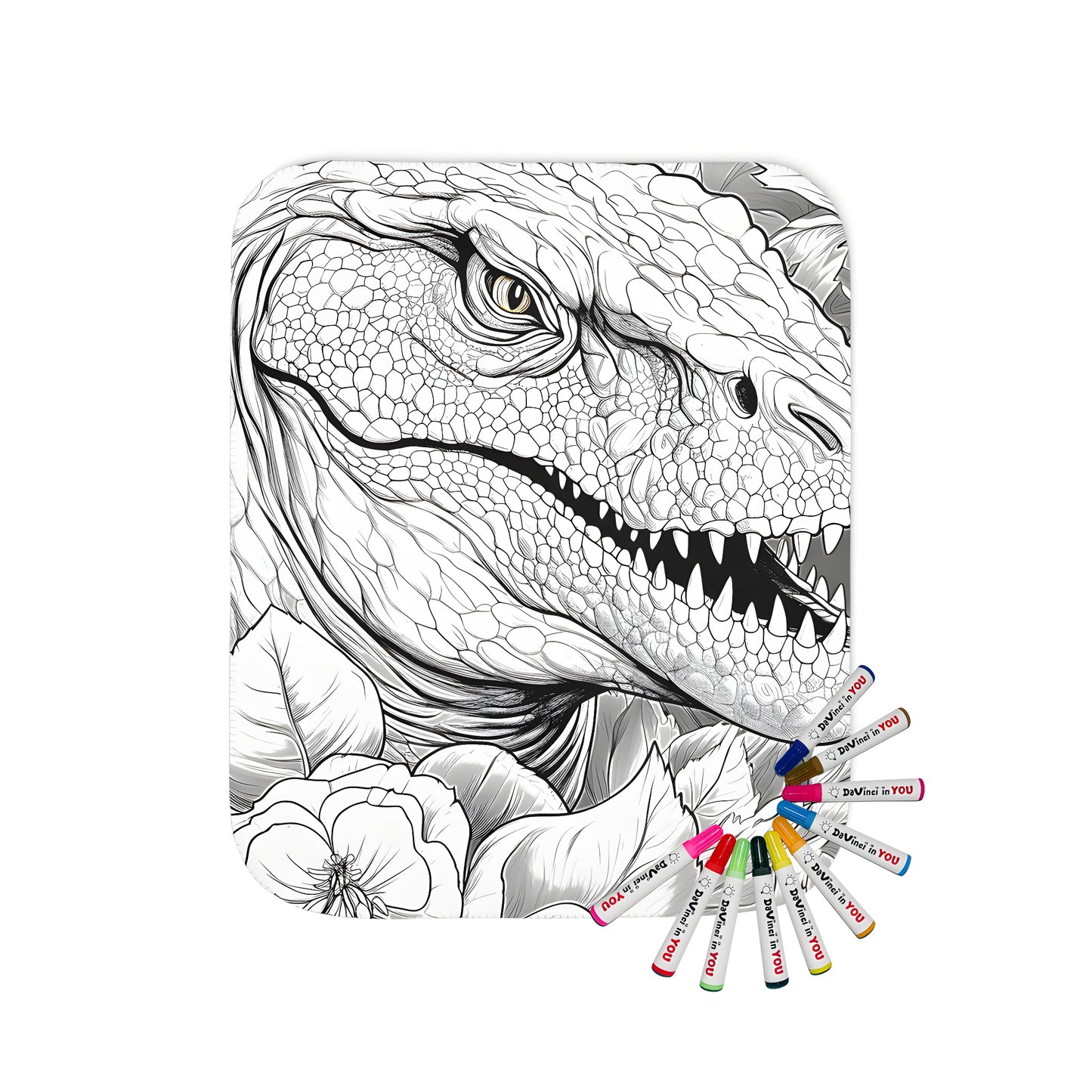 A colorful blanket featuring a T-Rex dinosaur surrounded by vibrant flowers and foliage