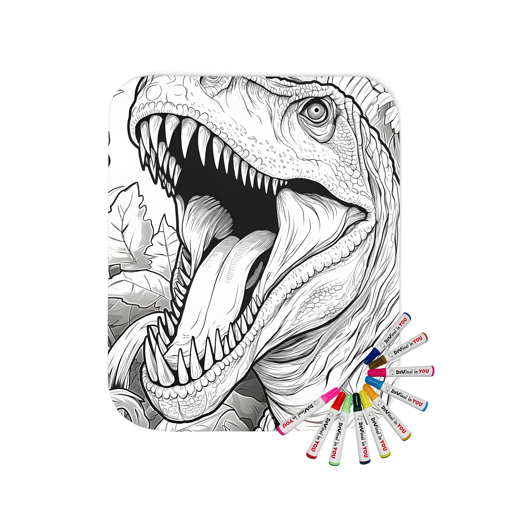 Blanket coloring kit with T-Rex design, featuring a detailed illustration of a prehistoric dino on a cozy throw blanket