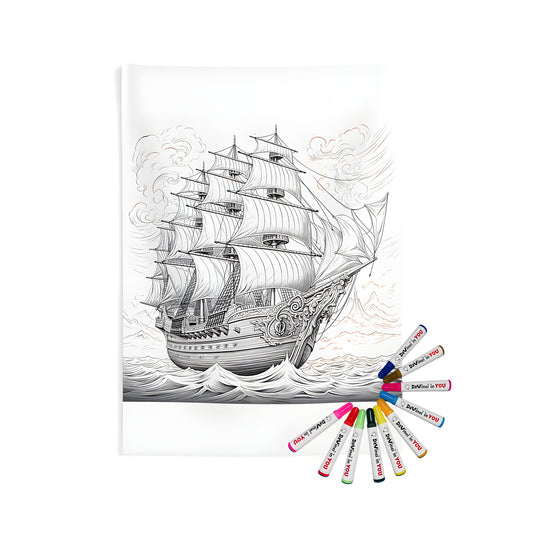 Indoor wall tapestry with vintage sailing ship decor, ocean waves and detailed illustration