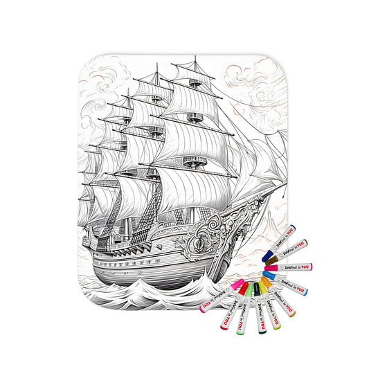 Cozy blanket featuring an antique sailboat illustration, complete with intricate details and serene ocean scene