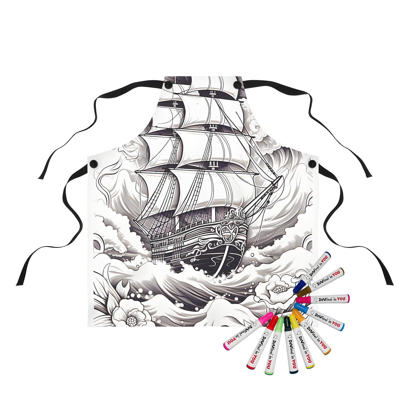 Coloring apron featuring an intricate black and white sailing vessel illustration with waves, clouds, and flowers