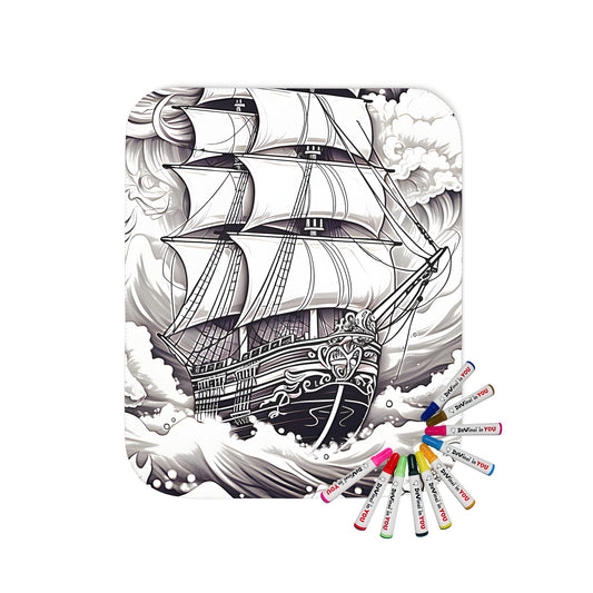 Blanket with colorful sailing ship illustration, detailed waves and clouds, plus vibrant flowers on a soft fabric background