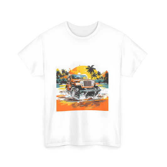 Colorful Unisex T-shirt featuring an orange 4x4 vehicle splashing through water on a beach during a tropical sunset