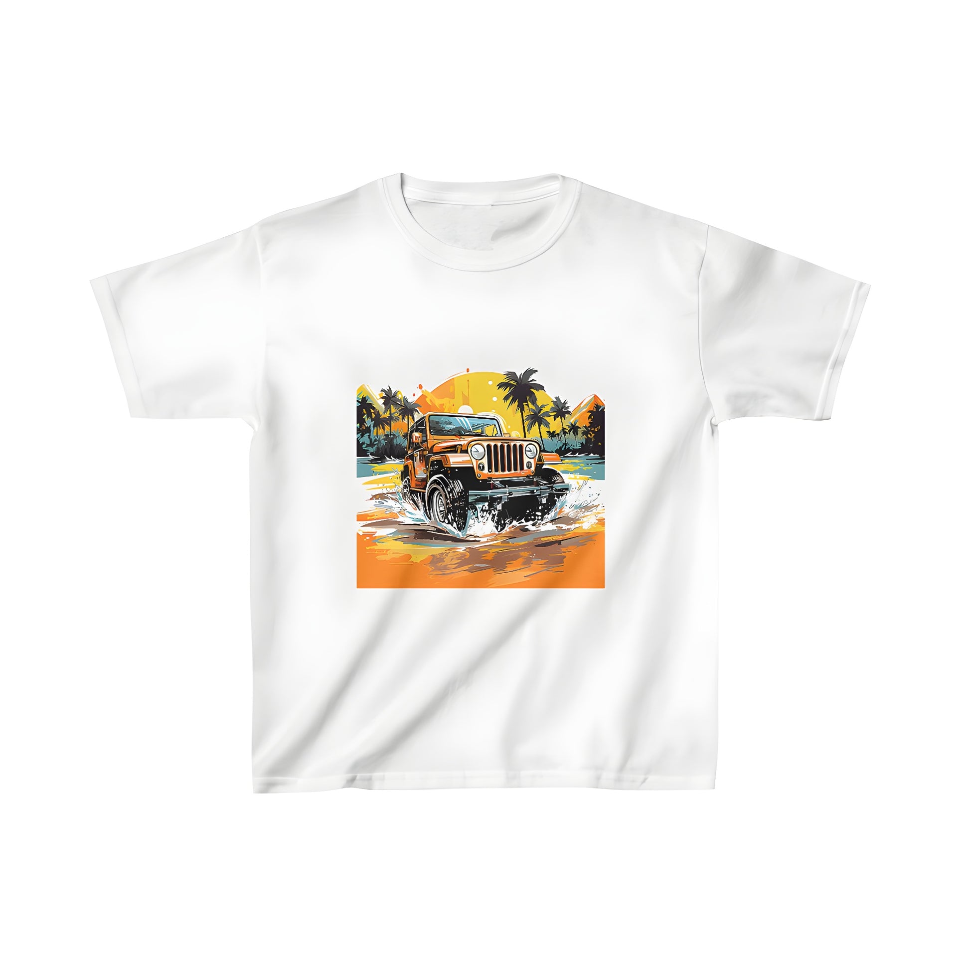 A colorful graphic t-shirt design featuring an orange off-road vehicle splashing through water on a beach during a tropical sunset for kids.