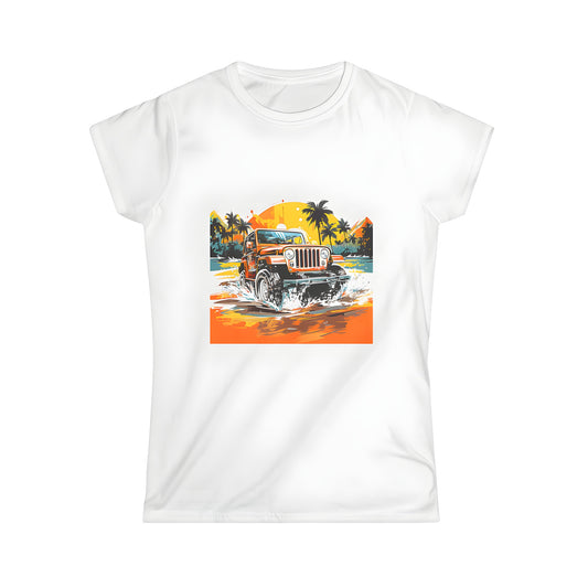 Women's Graphic T-Shirt featuring a vibrant orange SUV splashing through water on a beach at sunset