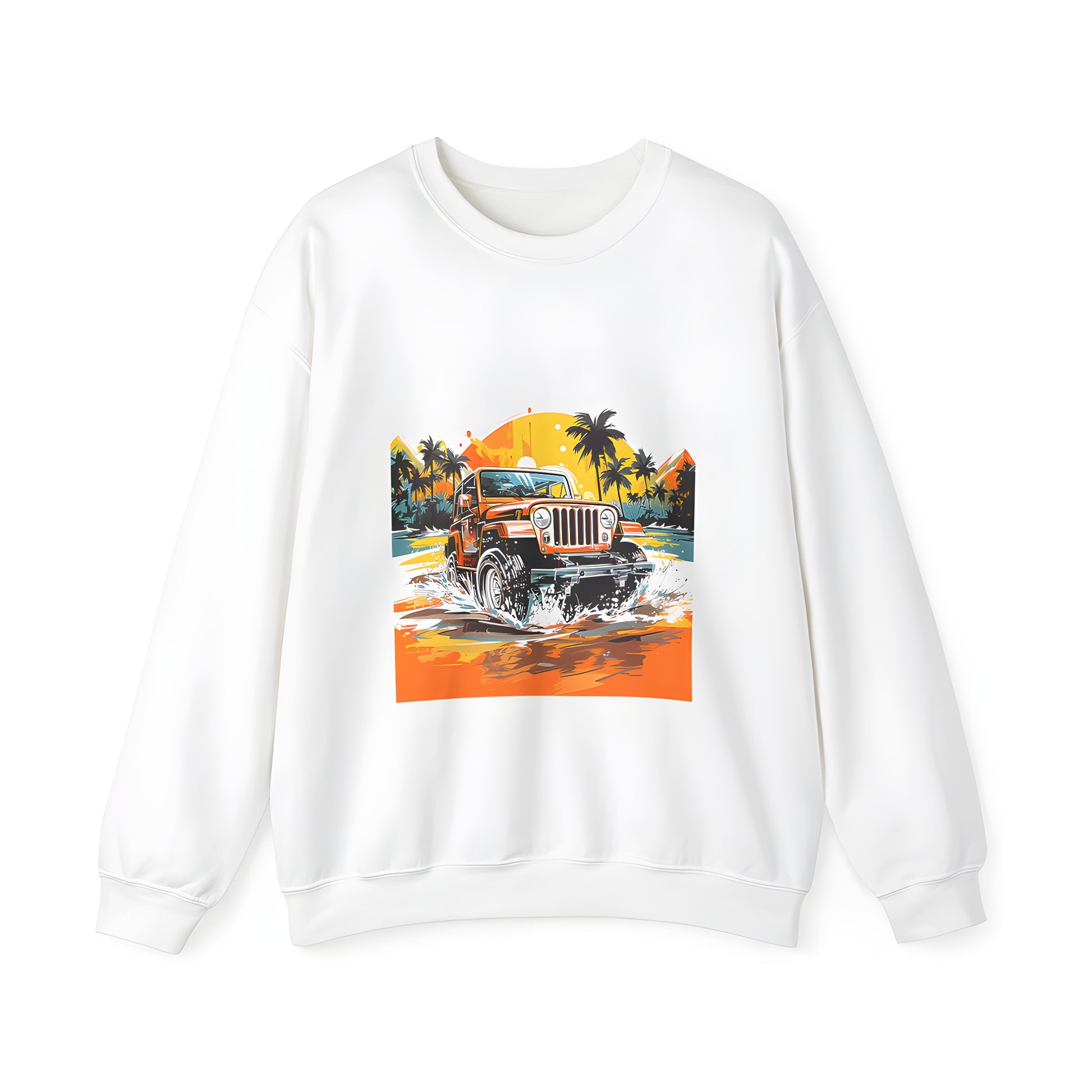 Cozy adult sweatshirt featuring a vibrant orange jeep adventure design, splashing through water on a beach during a tropical sunset. Perfect for off-road enthusiasts and outdoor lovers.