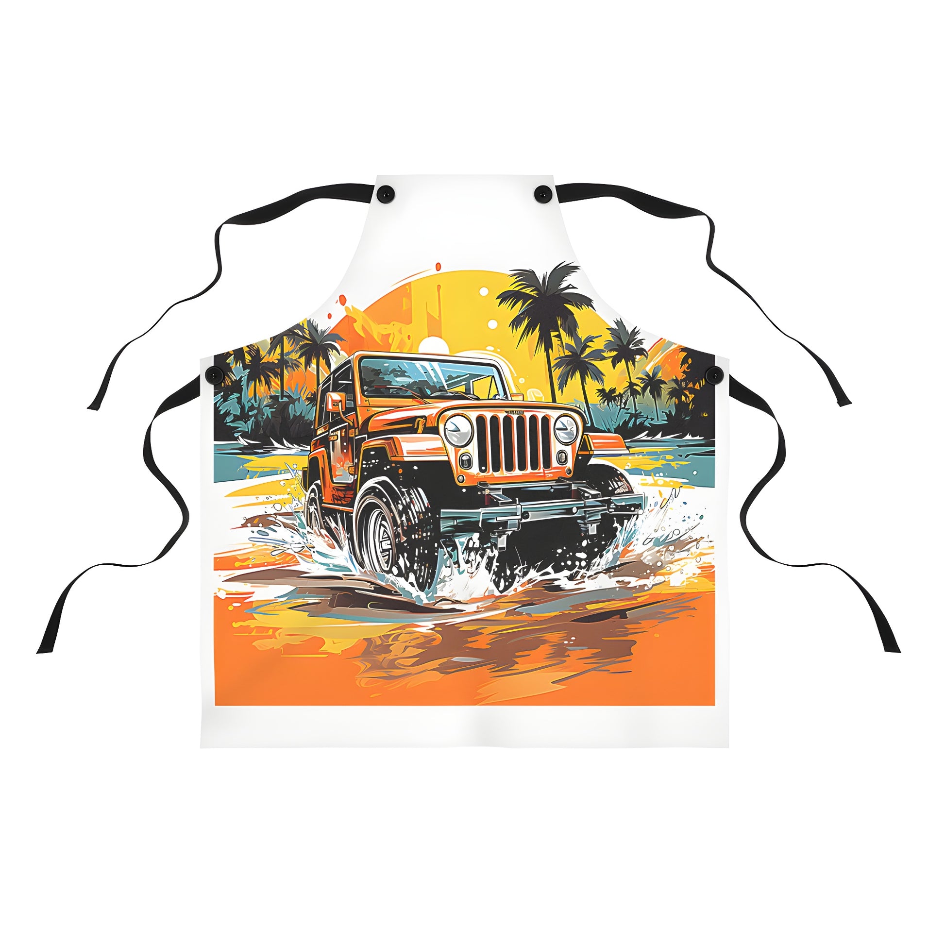 Colorful apron with a fun jeep adventure design inspired by splashing through water on a beach during a tropical sunset