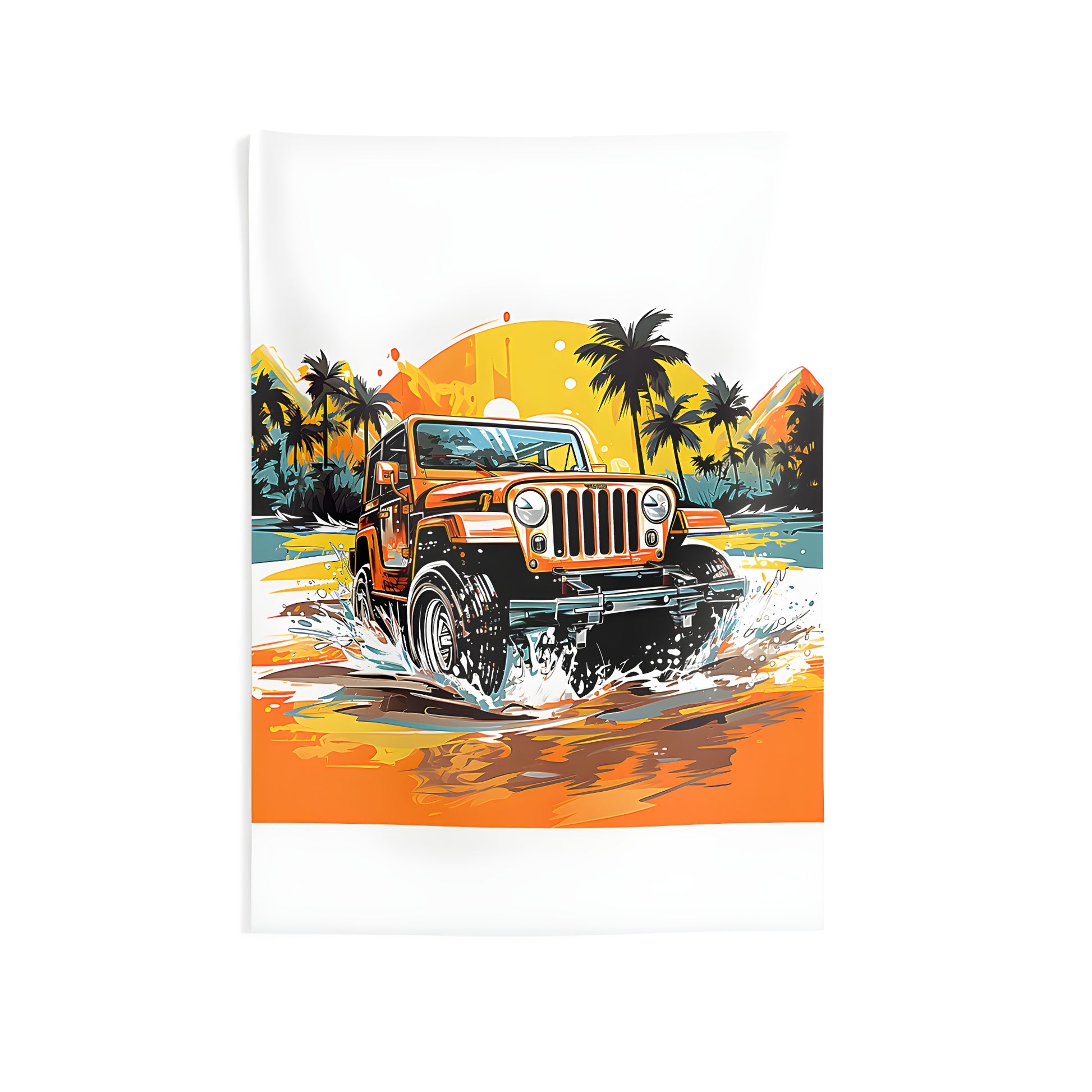 Colorful indoor wall tapestries featuring a thrilling jeep adventure scene - an orange jeep splashing through water on a beach at tropical sunset