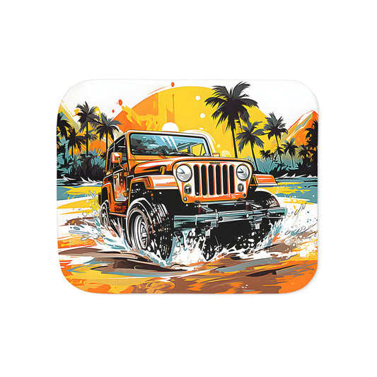 Cozy blanket featuring a vibrant jeep adventure design, perfect for outdoor enthusiasts