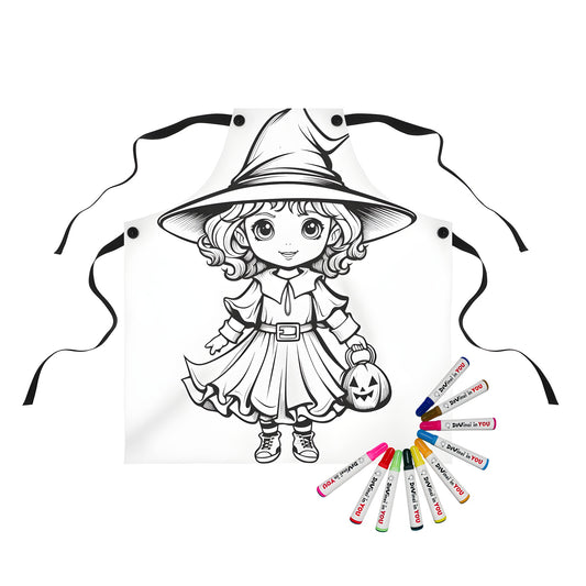 Apron featuring a charming black-and-white illustration of a little girl dressed as a witch, complete with a pointed hat and jack-o'-lantern basket