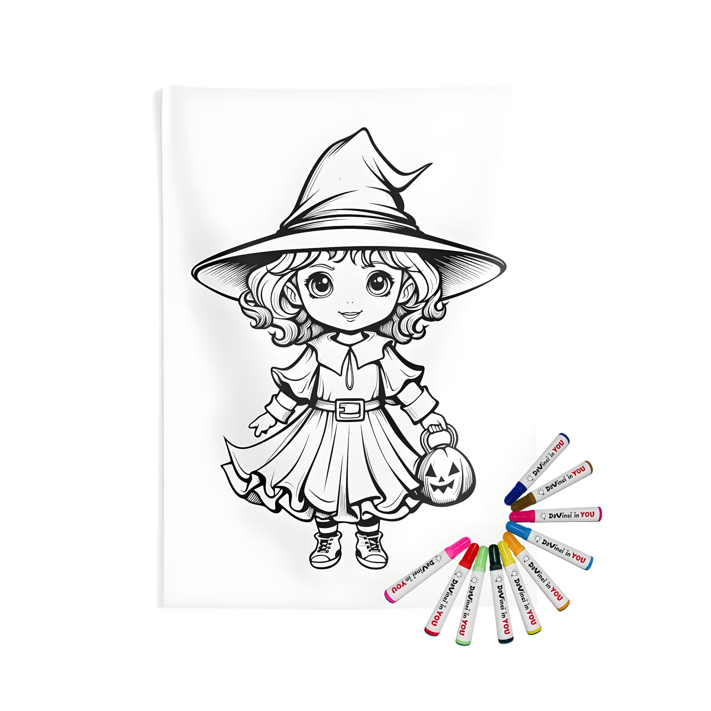 Indoor wall tapestries featuring a cute witch illustration