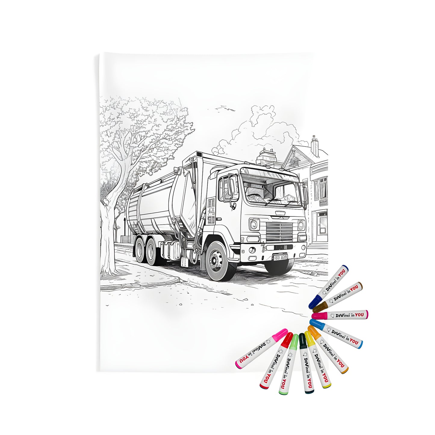 Coloring kit featuring an indoor wall tapestry with detailed line drawing of waste management vehicle on street amidst trees and houses