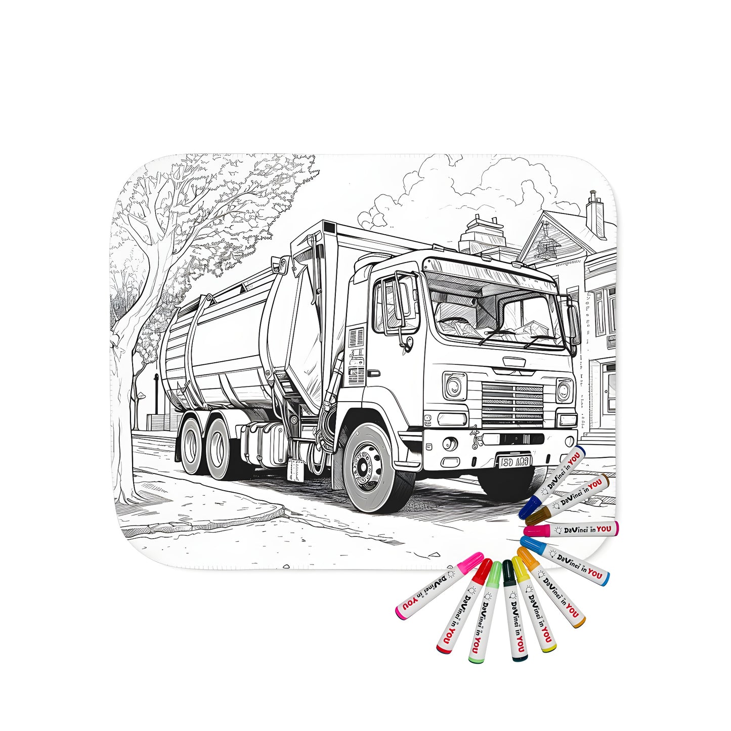 Coloring kit blanket featuring a detailed line drawing of a garbage truck on a street with trees and houses