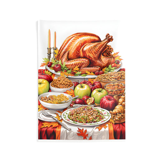 Vibrant Thanksgiving dinner setup indoor wall tapestry with festive dinner design