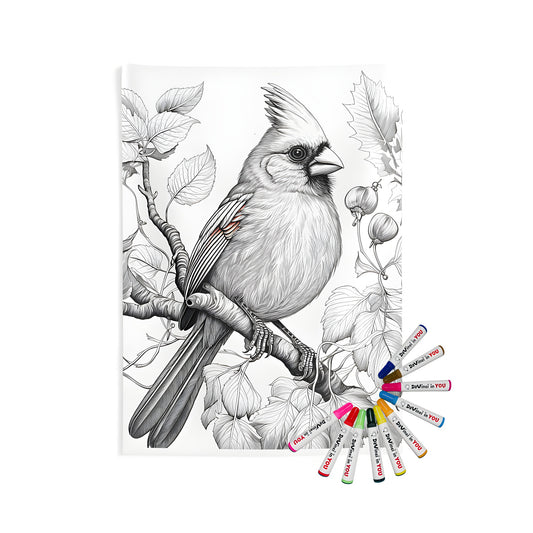 Indoor wall tapestries illustration of a cardinal bird perched on a leafy branch with intricate details and textures