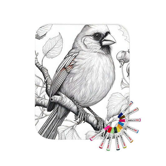 Coloring blanket featuring a realistic black and white illustration of a cardinal, along with other bird species such as rosellas, finches, or sparrows, perched on a leafy branch, showcasing intricate details and textures.