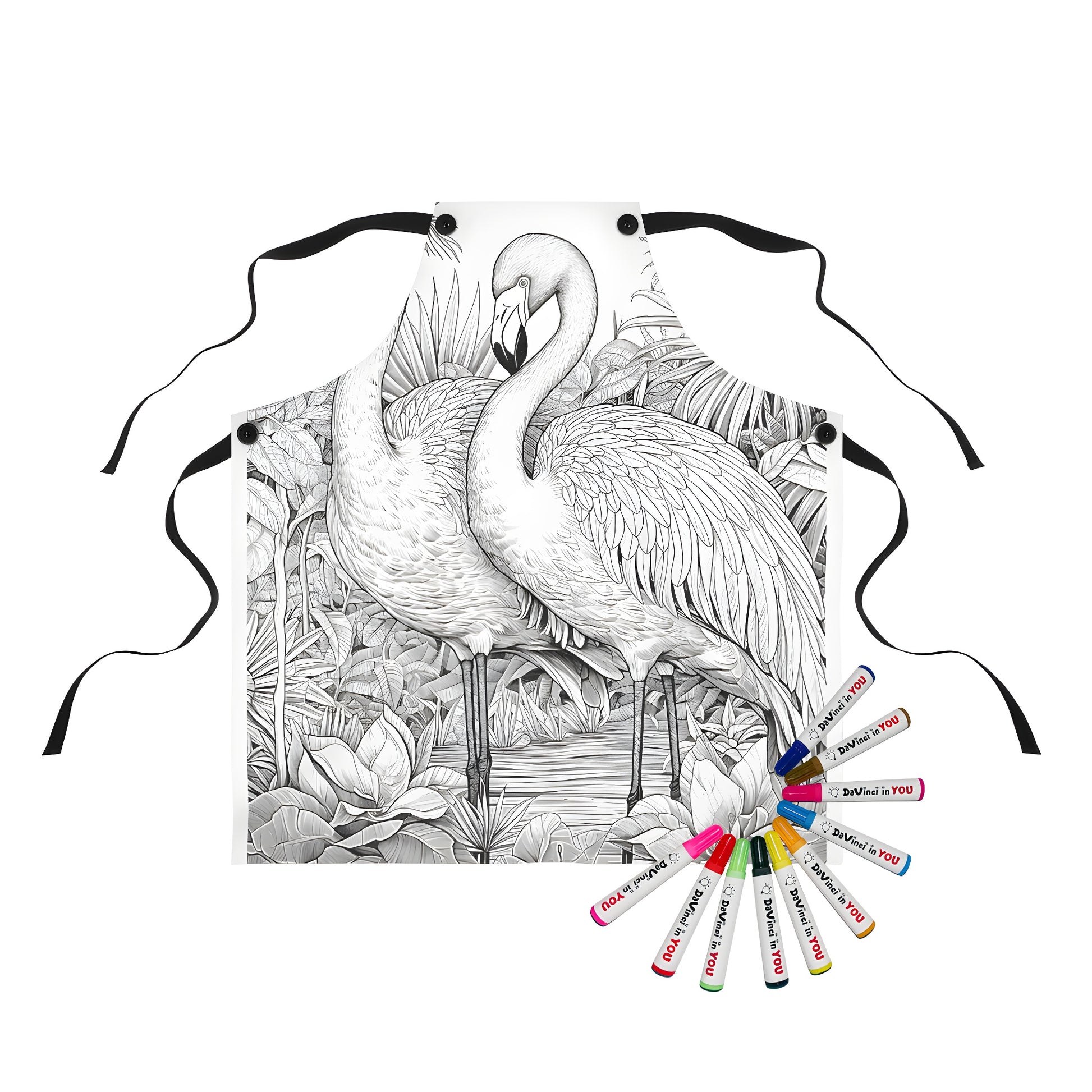 Coloring apron with flamingo design, tropical jungle artwork, unique gift for kids and adults alike