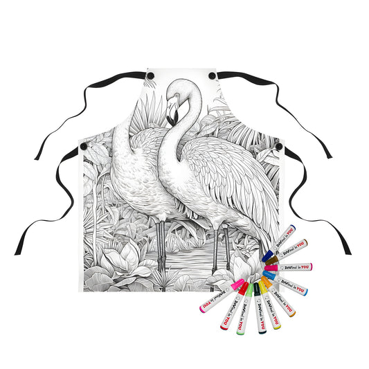 Coloring apron with flamingo design, tropical jungle artwork, unique gift for kids and adults alike