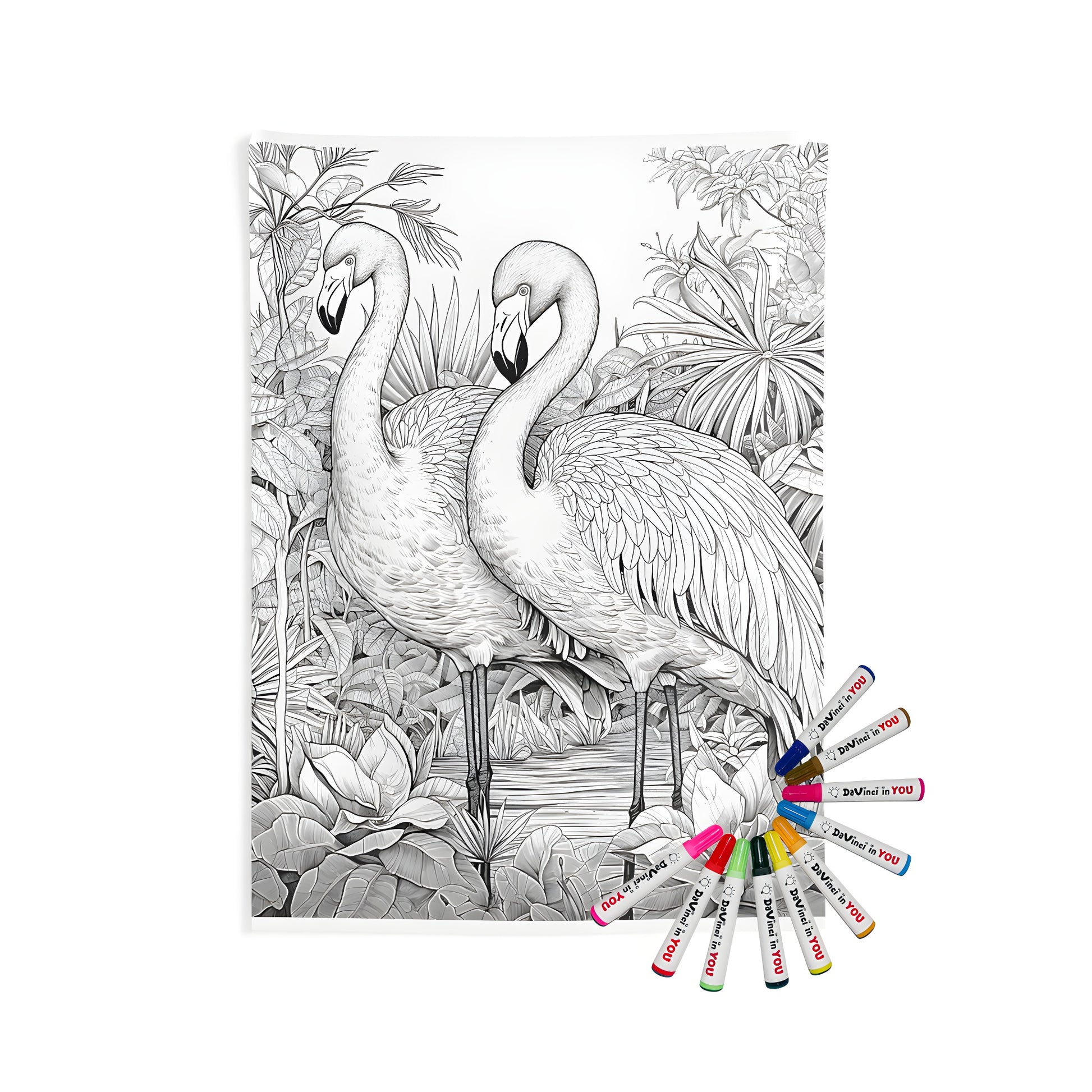 Indoor wall tapestries with flamingo art, tropical jungle scene, fabric markers included