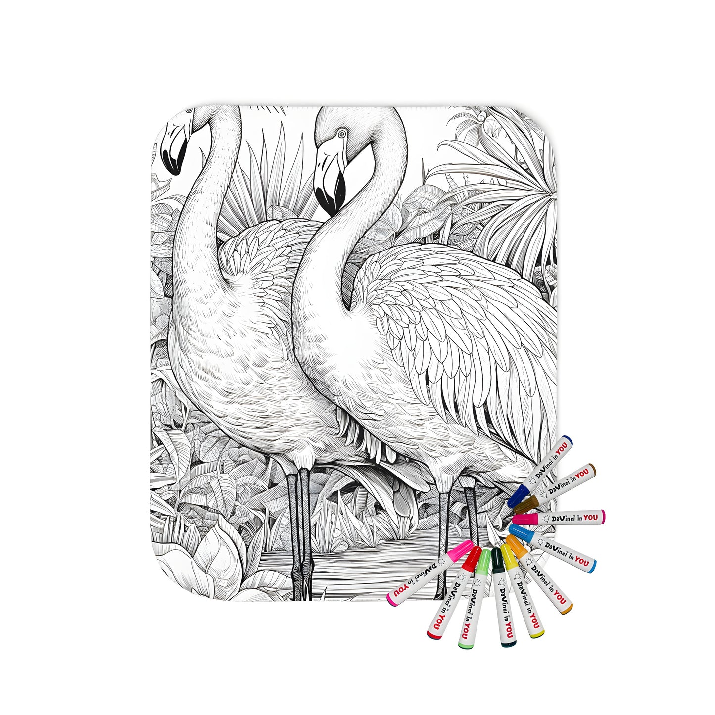 Colouring kit for adults featuring a vibrant blanket with flamingo flamingoes birds tropical jungle design and fabric markers