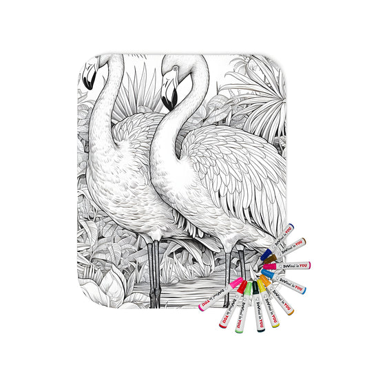 Colouring kit for adults featuring a vibrant blanket with flamingo flamingoes birds tropical jungle design and fabric markers