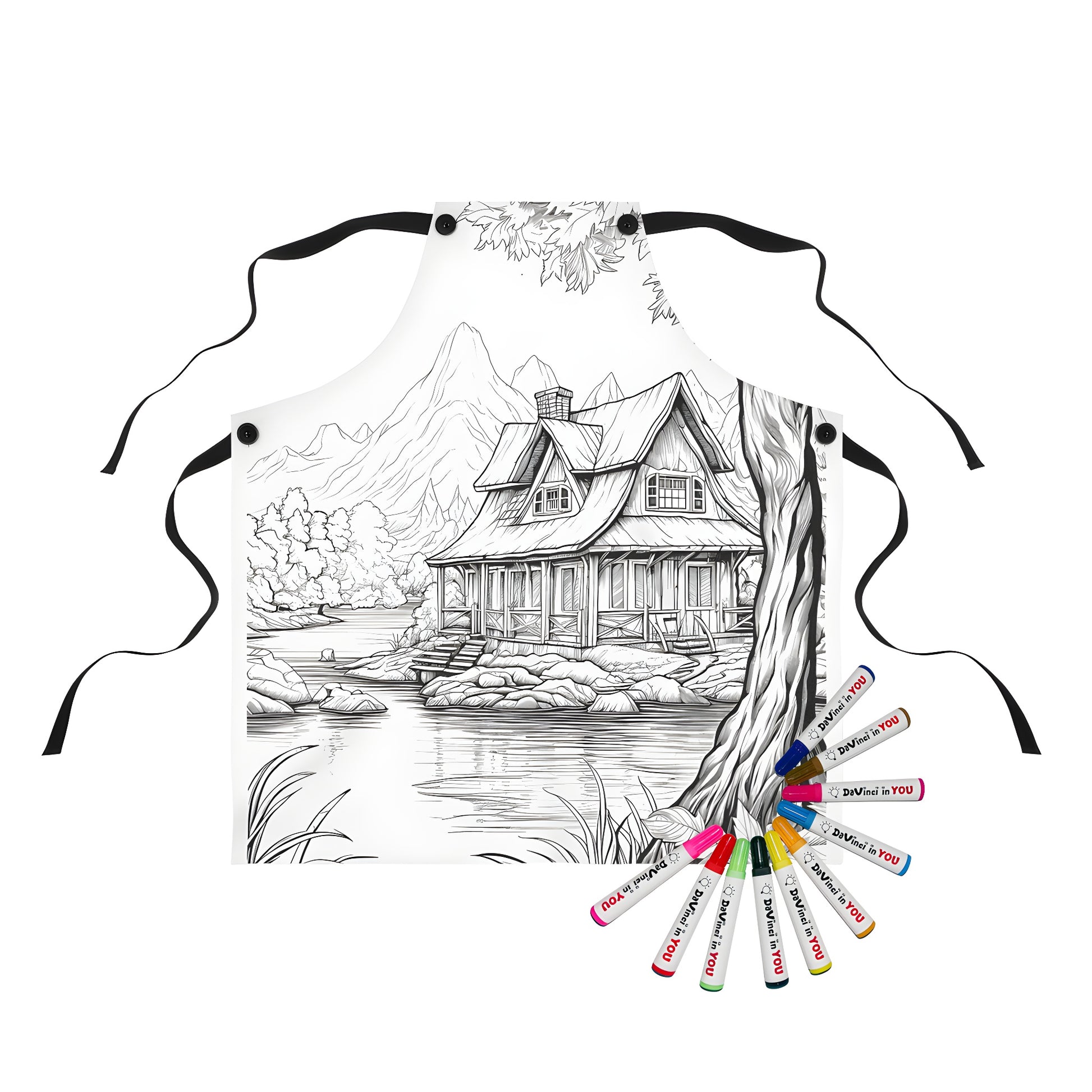 Colorful cabin illustration apron featuring a serene lake scene