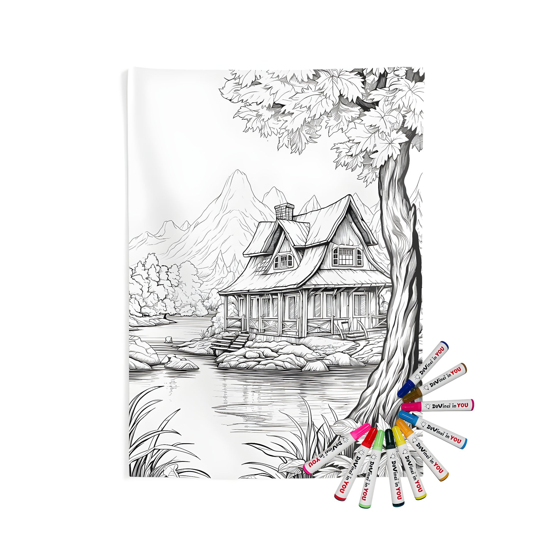 Indoor wall tapestries coloring kit with fabric markers - serene lakeside cabin scene