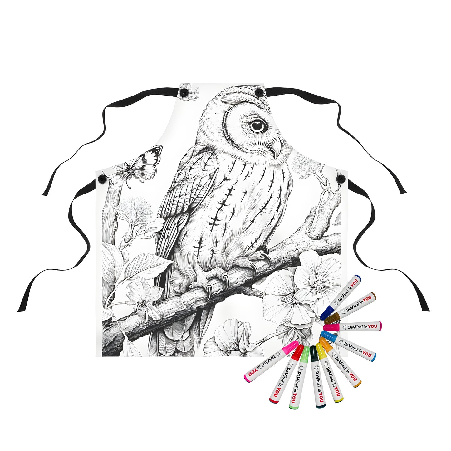 Apron featuring a detailed black and white illustration of an owl perched on a branch surrounded by flowers and a butterfly