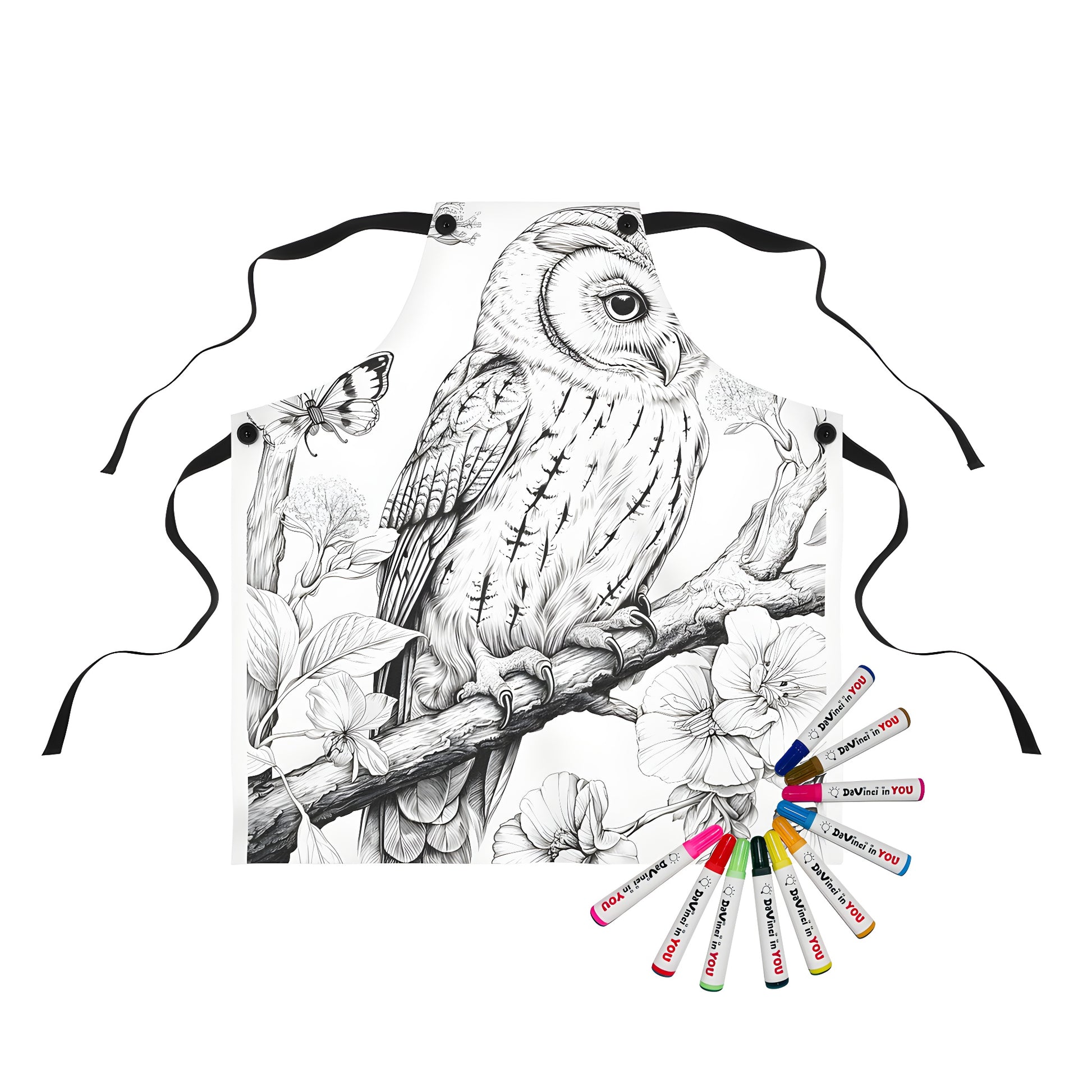 Apron featuring a detailed black and white illustration of an owl perched on a branch surrounded by flowers and a butterfly