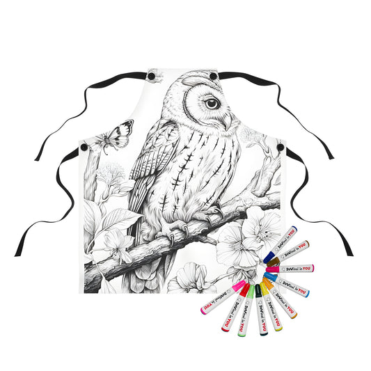 Apron featuring a detailed black and white illustration of an owl perched on a branch surrounded by flowers and a butterfly