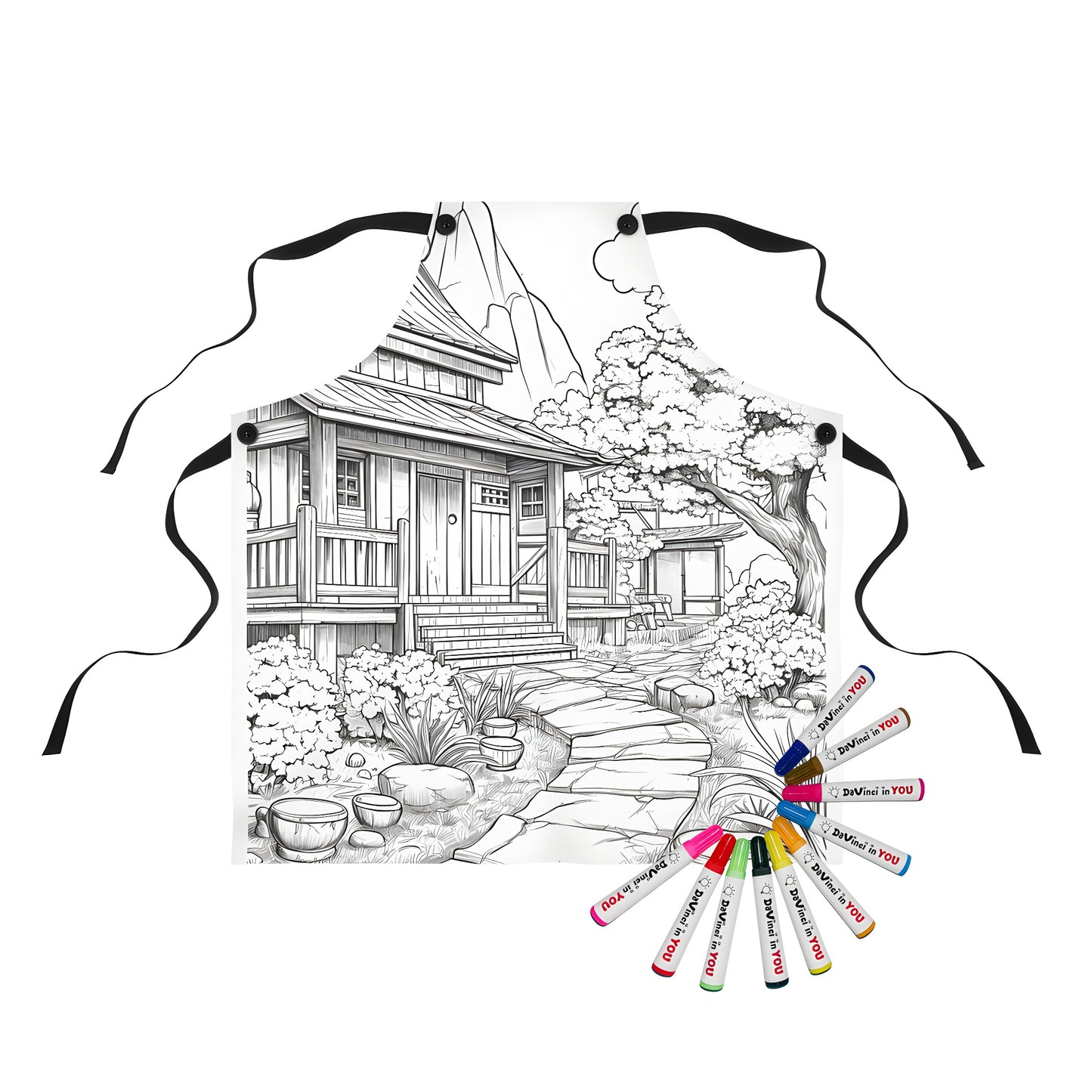 Japanese themed apron featuring a detailed illustration of a traditional house with garden, rock path, bonsai trees, and mountain in the background. Perfect for fans of Japanese culture, arts and crafts.