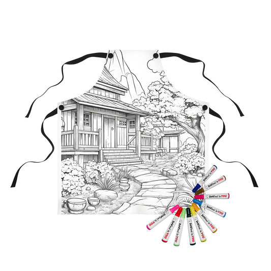 Japanese themed apron featuring a detailed illustration of a traditional house with garden, rock path, bonsai trees, and mountain in the background. Perfect for fans of Japanese culture, arts and crafts.